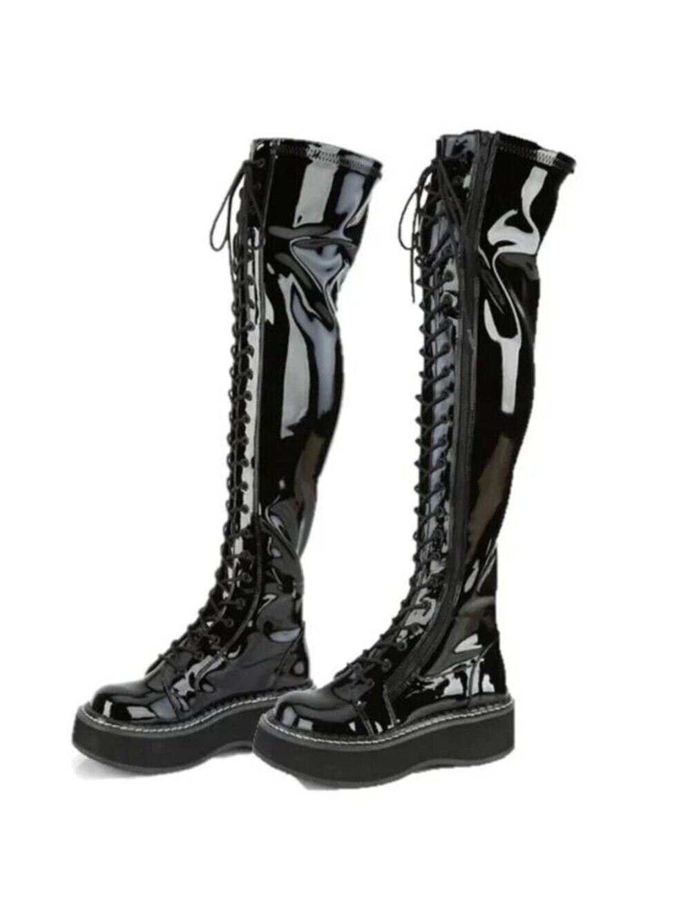 NIB DEMONIA Emily 375 Black Patent Lace Up 2" Platform Goth Punk OTK Thigh Boots
